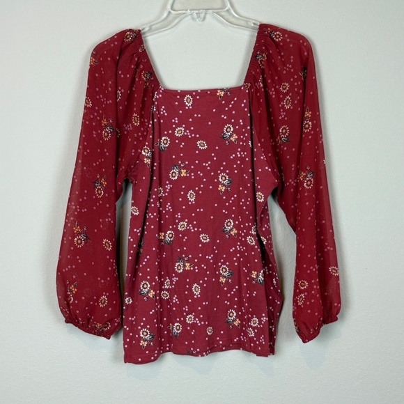 Loft Outlet Rust Floral Wide Neckline Sheer Long Sleeve Peasant Blouse; Size M - Picture 5 of 7